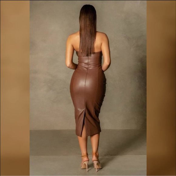 Meshki Pamela Strapless Faux PU Leather Dress - Brown - S - Picture 3 of 4